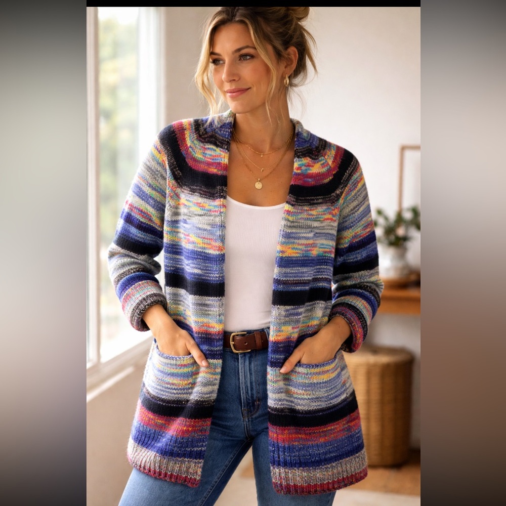 Multicolor Stripe Knit‎ Cardigan w/ Front Pockets Boho XL